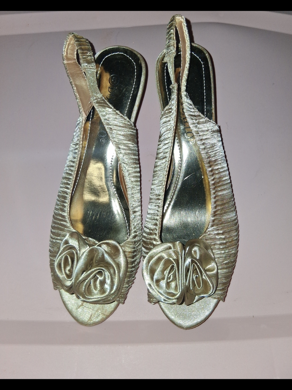 Satin Slingback Peep-Toe Heels with Rosette Accent - Metallic Gold